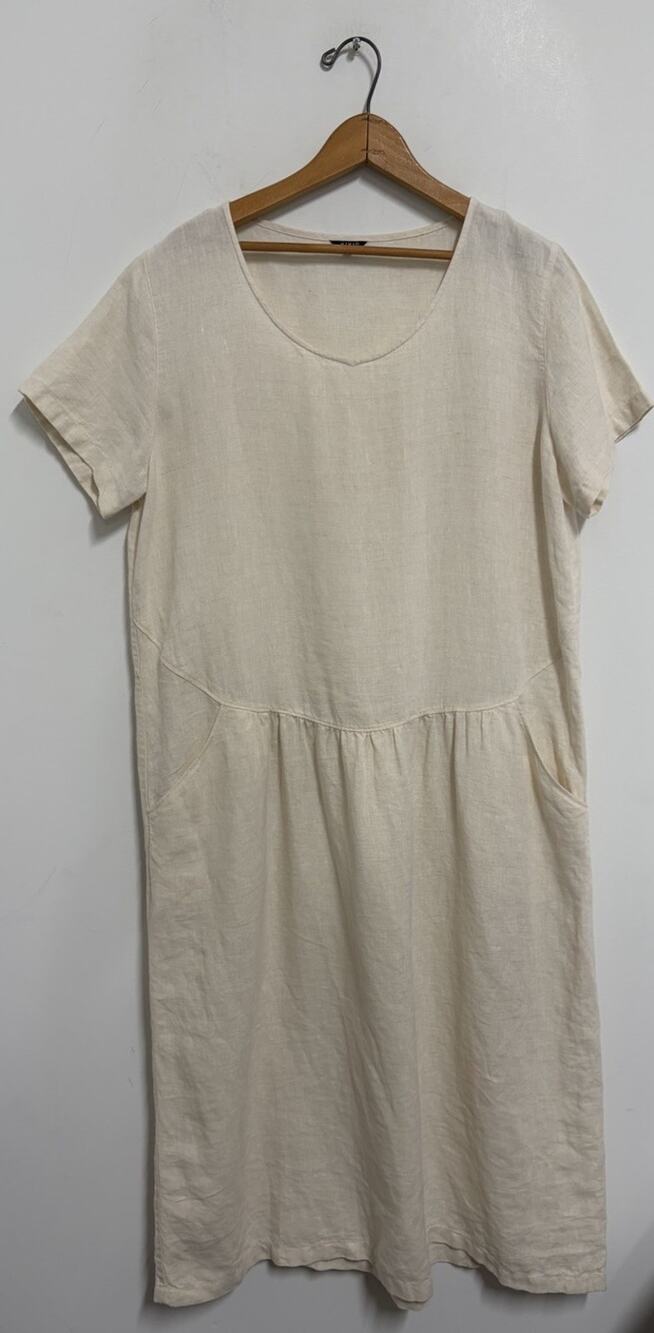Vivid 100% Linen Pleated Waist Dress Pockets Beige Oversized Large Lagenlook